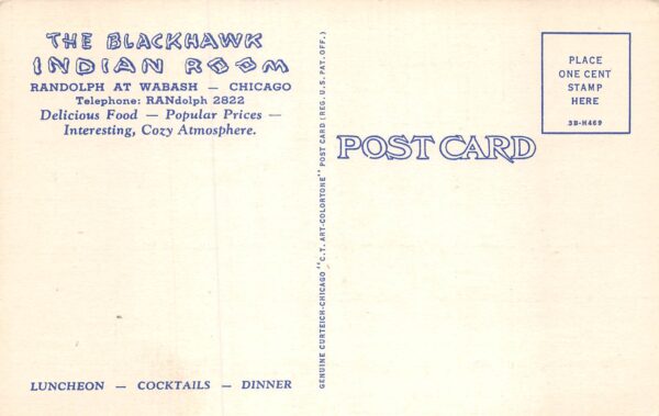 Chicago Illinois Blackhawk Indian Room, Multi-View Linen Vintage Postcard U7306 - Image 2