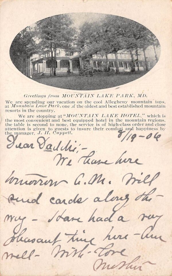 Mountain Lake Park Maryland Mountain Lake Hotel, Undivided Back Vintage PC U7311