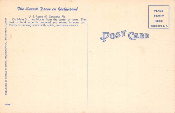 Sarasota Florida Smack Drive In, Exterior, Color Linen Vintage Postcard U7346 - Image 2