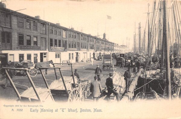 Boston Massachusetts Early Morning Wharf Scene Lithograph Vintage Postcard U7388