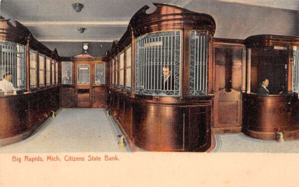 Big Rapids Michigan Citizens State Bank, Interior, Color Lithograph PC U7654