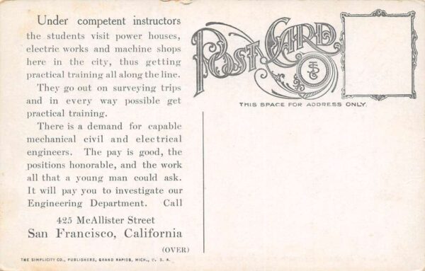 San Francisco California Engineering Dpt. Students, Color Lithograph PC U7663 - Image 2