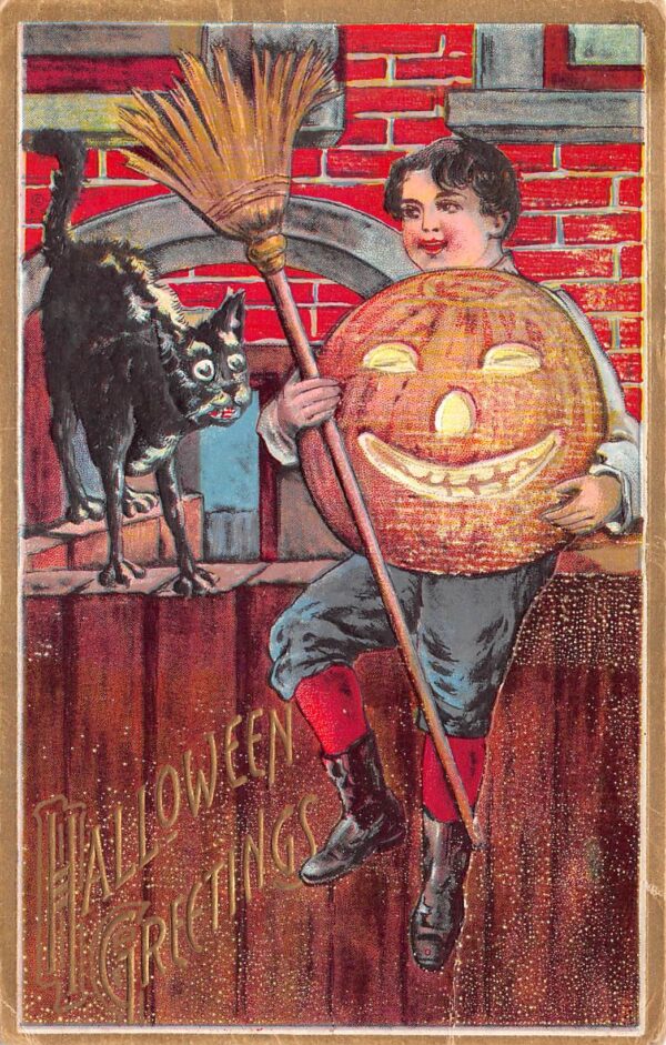Halloween Greetings Boy W/ Broom & Jack-O-Lantern & Black Cat, Florence Bamberger,PC U11829