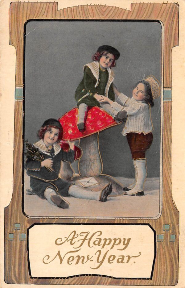 A Happy New Year Children Posing With Mushroom, In Border, Vintage PC U11835