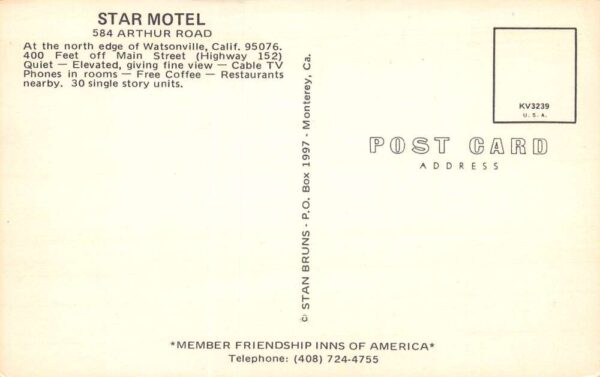 Watsonville California Star Motel, Photochrome Vintage Postcard U7673 - Image 2