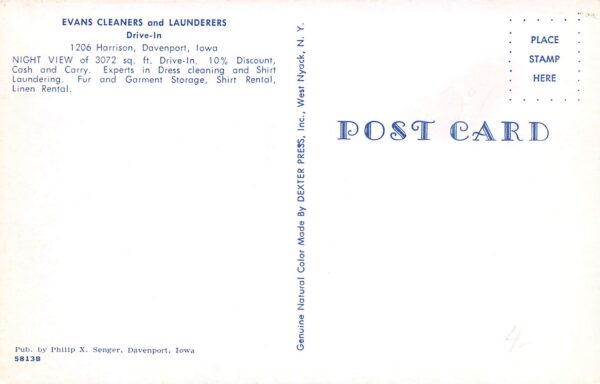 Davenport Iowa Evans Cleaners/Launderers, Photochrome Vintage Postcard U7701 - Image 2