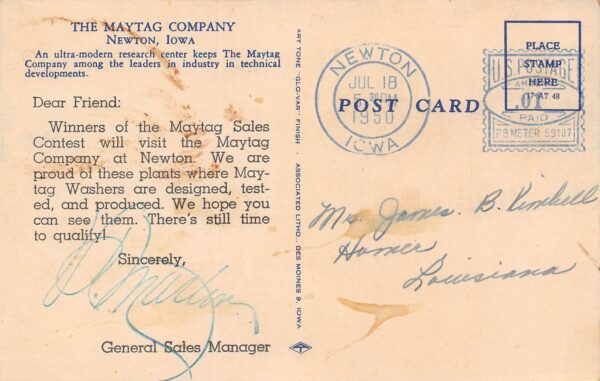 Newton Iowa The Maytag Company, Multi-View Linen Vintage Postcard U7704 - Image 2