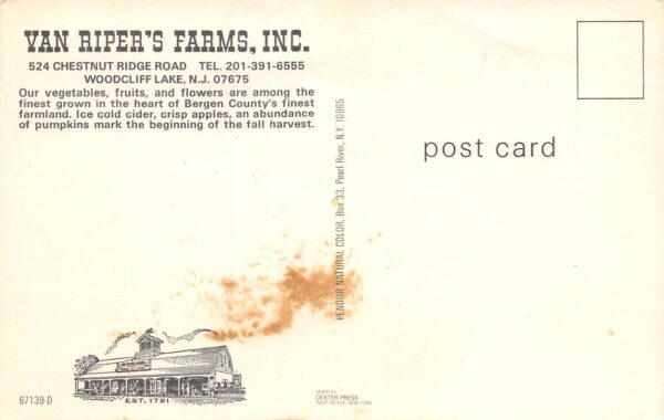 Woodcliff Lake New Jersey Van Riper's Farms, Inc., Photochrome Vintage PC U7717 - Image 2