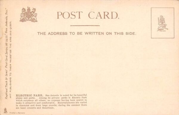 San Antonio Texas Electric Park, Tuck Published Vintage Postcard U7901 - Image 2