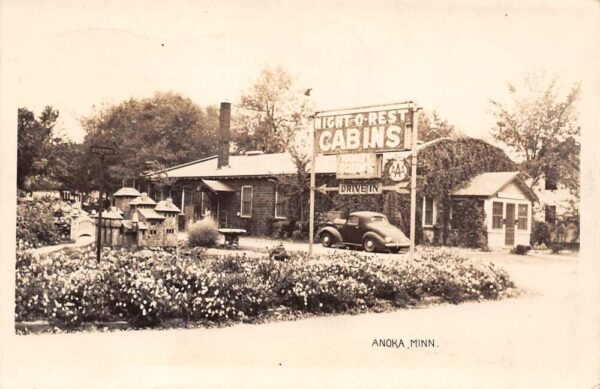 Anoka Minnesota Night-O-Rest Cabins, Triple A Sign Real Photo Vintage PC U7939