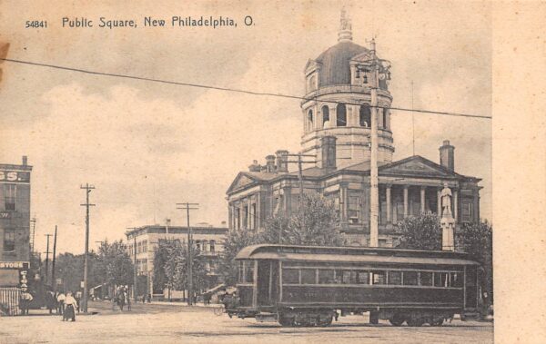 New Philadelphia Ohio Public Square, Trolley Car, Monument In Center,Undivided Back PC U7979