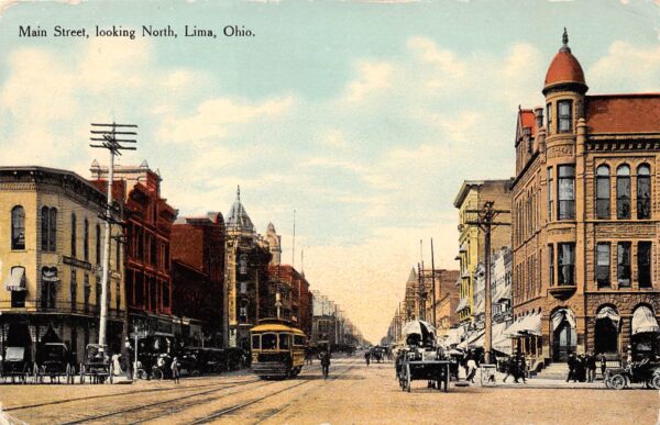 Lima Ohio Main St., Looking N., Trolley, Divided Back Vintage Postcard U7980