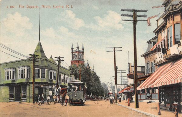 Artic Center Rhode Island The Square, Trolley Car Shown,Color Lithograph PC U7994