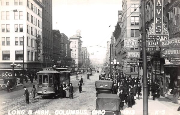 Columbus Ohio Long & High Sts., Trolley, Real Photo Vintage Postcard U8007