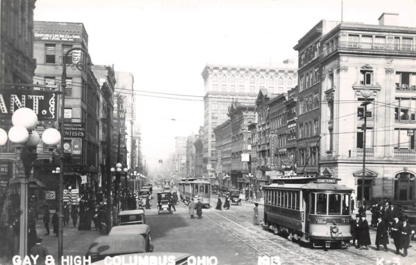 Columbus Ohio Gay & High Streets, Trolley Car, Real Photo Vintage PC U8008