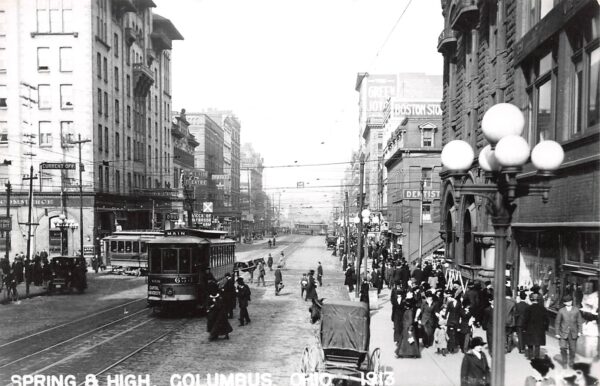 Columbus Ohio Spring & High Streets, Trolley, Real Photo Vintage PC U8009