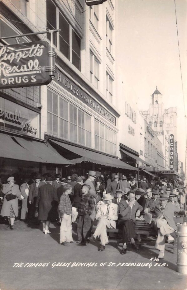 St. Petersburg Florida Famous Green Benches, Rexall Drug Store, RPPC U8089