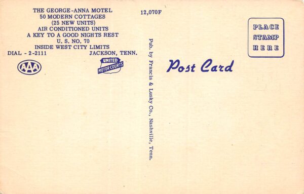Jackson Tennessee George-Anna Motel, AAA Sign, Multi-View Linen Vintage PC U8128 - Image 2