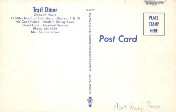 Duncannon Pennsylvania ? Trail Diner Restaurant Vintage Postcard AA69630 - Image 2