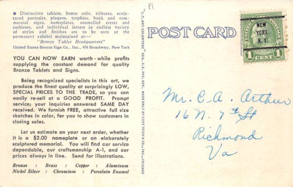 New York City US Bronze Sign Co Sample Exhibit Vintage Postcard AA69660 - Image 2
