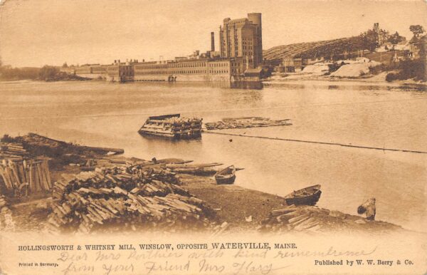 Waterville Maine Hollingsworth & Whitney Mill, Sepia Lithograph Vintage PC U8326