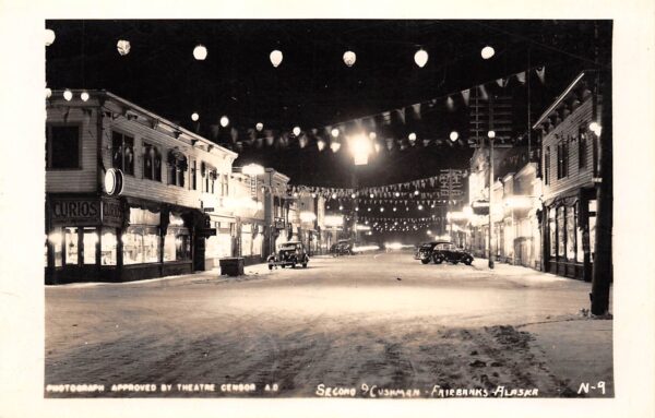 Fairbanks Alaska 2nd & Cushman Streets, At Night, Vintage RPPC U8346
