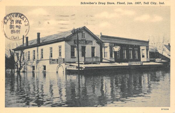 Tell City Indiana Schreiber's Rexall Drug Store, During Flood, Vintage PC U8363