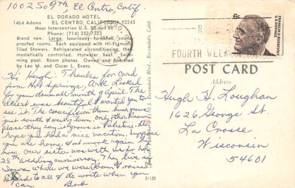 El Centro California El Dorado Motel Photochrome Vintage Postcard U5473 - Image 2