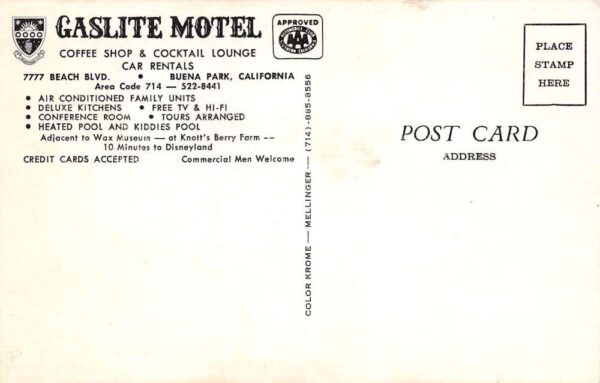 Buena Park California Gaslite Motel, Coffee Shop, & Lounge Photochrome PC U5475 - Image 2