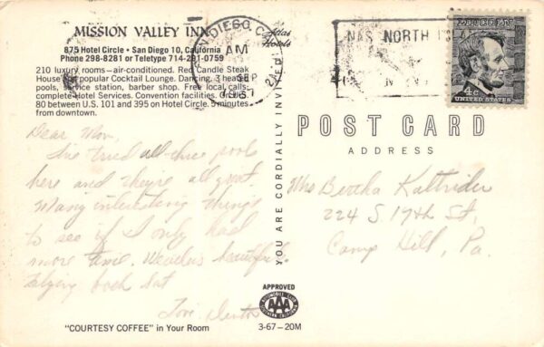 San Diego California Mission Valley Inn, Pool Photochrome Vintage Postcard U5481 - Image 2