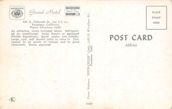 Pasadena California Grand Motel, Entrance, Photochrome Vintage Postcard U8150 - Image 2