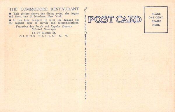 Glens Falls New York Commodore Restaurant, Interior, Color Linen Postcard U8158 - Image 2