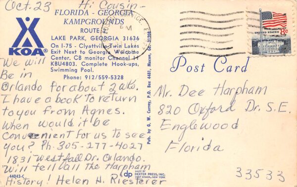 Lake Park Georgia Florida Georgia K.O.A. Kampground, Chrome Vintage PC U8162 - Image 2