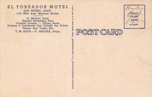San Ysidro California El Toreador Motel, Swimming Pool, Color Linen PC U8178 - Image 2