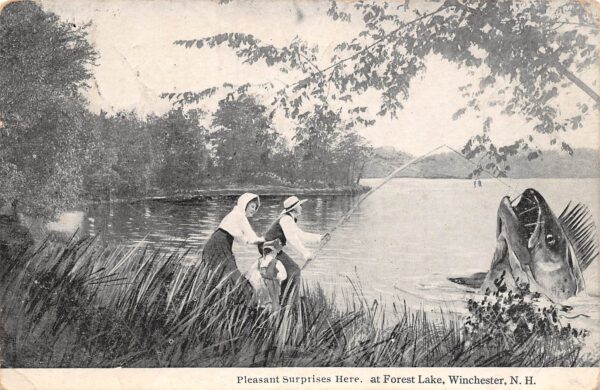 Winchester New Hampshire Forest Lake Exaggerated Fishing Scene,B/W Lithograph PC U8274