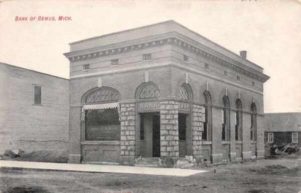 Remus Michigan Bank Of Remus, B/W Lithograph Vintage Postcard U8293