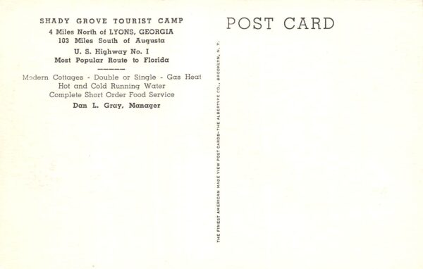 Lyons Georgia Shady Grove Tourist Camp, Gas Pumps Shown Vintage Postcard U8300 - Image 2