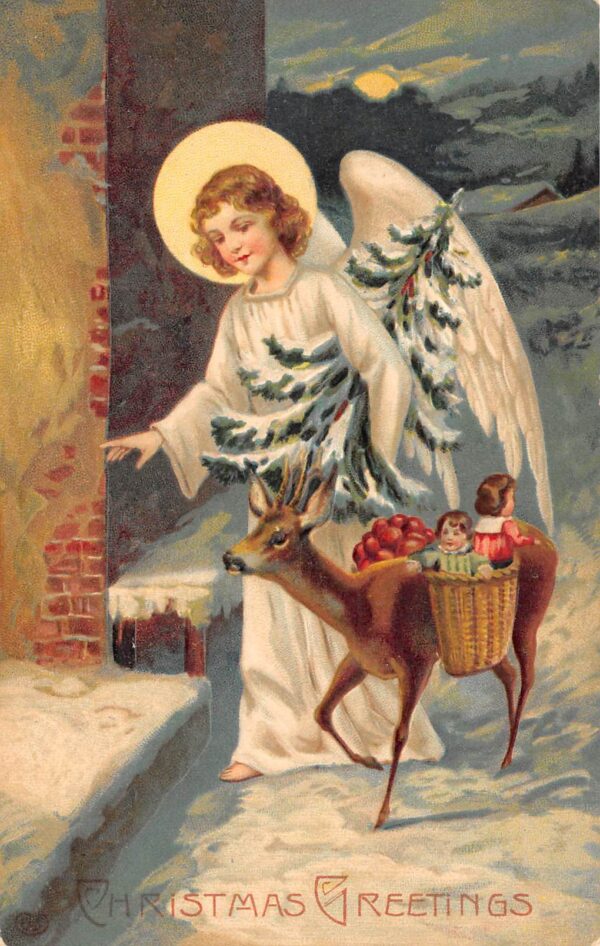 Christmas Greetings Angel W/ Reindeer, Children & Christmas Tree PC U8440