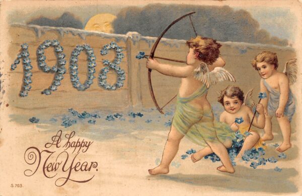 A Happy New Year Angels W/ Bow & Arrow & Flowers, Embossed Vintage PC U8467