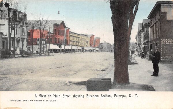 Palmyra New York Main Street, Business Section, Color Lithograph Postcard U8515