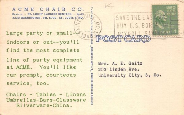 St Louis Missouri Acme Chair Co Outside Dining Furniture Ad Postcard AA69764 - Image 2
