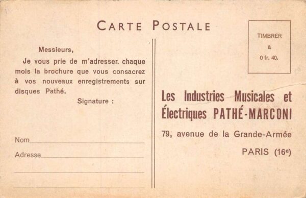 Pathe Records French Vinyl Record Label Advertising Vintage Postcard AA69767 - Image 2