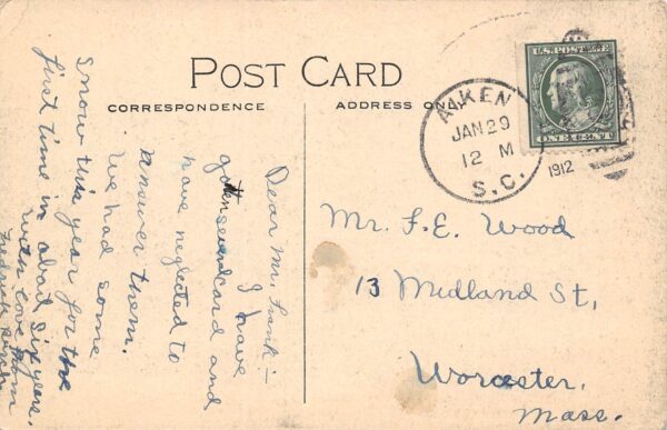 Aiken South Carolina "Oakleigh" Residence, Hand Colored Vintage Postcard U8568 - Image 2