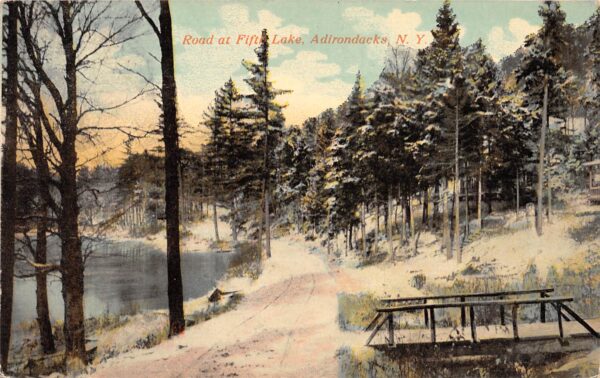 Inlet New York Road At Fifth Lake, Adirondack Mtns., Color Lithograph PC U8582