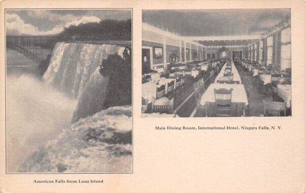 Niagara Falls New York International Hotel Dining Room & American Falls From Luna Island PC U8598