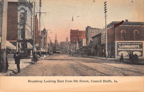 Council Bluffs Iowa Broadway, Looking E. From 6th St., Hand Colored PC U8683