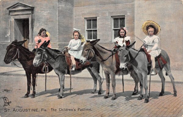 St. Augustine Florida The Children's Pastime, Donkey Rides,Color Lithograph PC U8754