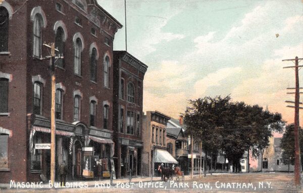 Chatham New York Masonic Bldgs. & Post Office, Park Row,Color Lithograph PC U8903