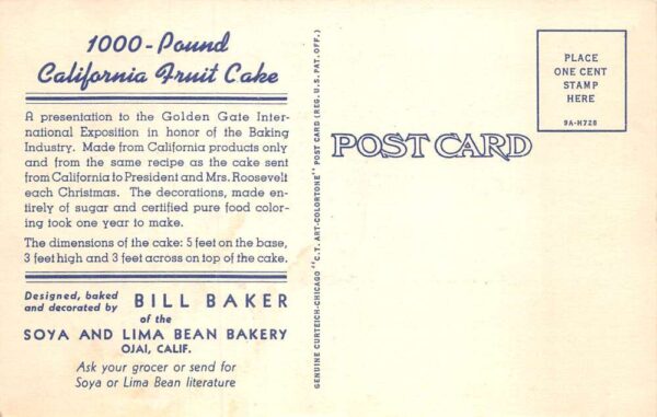 Ojai California 1939 Worlds Fair Cake Linen Vintage Postcard AA69912 - Image 2