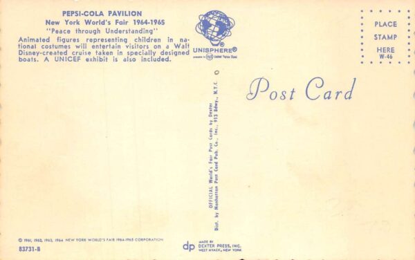 New York Worlds Fair 1964 Pepsi Cola Pavilion Miniature Vintage Postcard AA69934 - Image 2